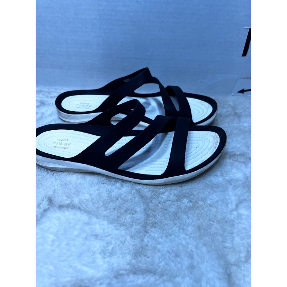 CROCS Women's Black and White Multi-Strap Slide Sandals